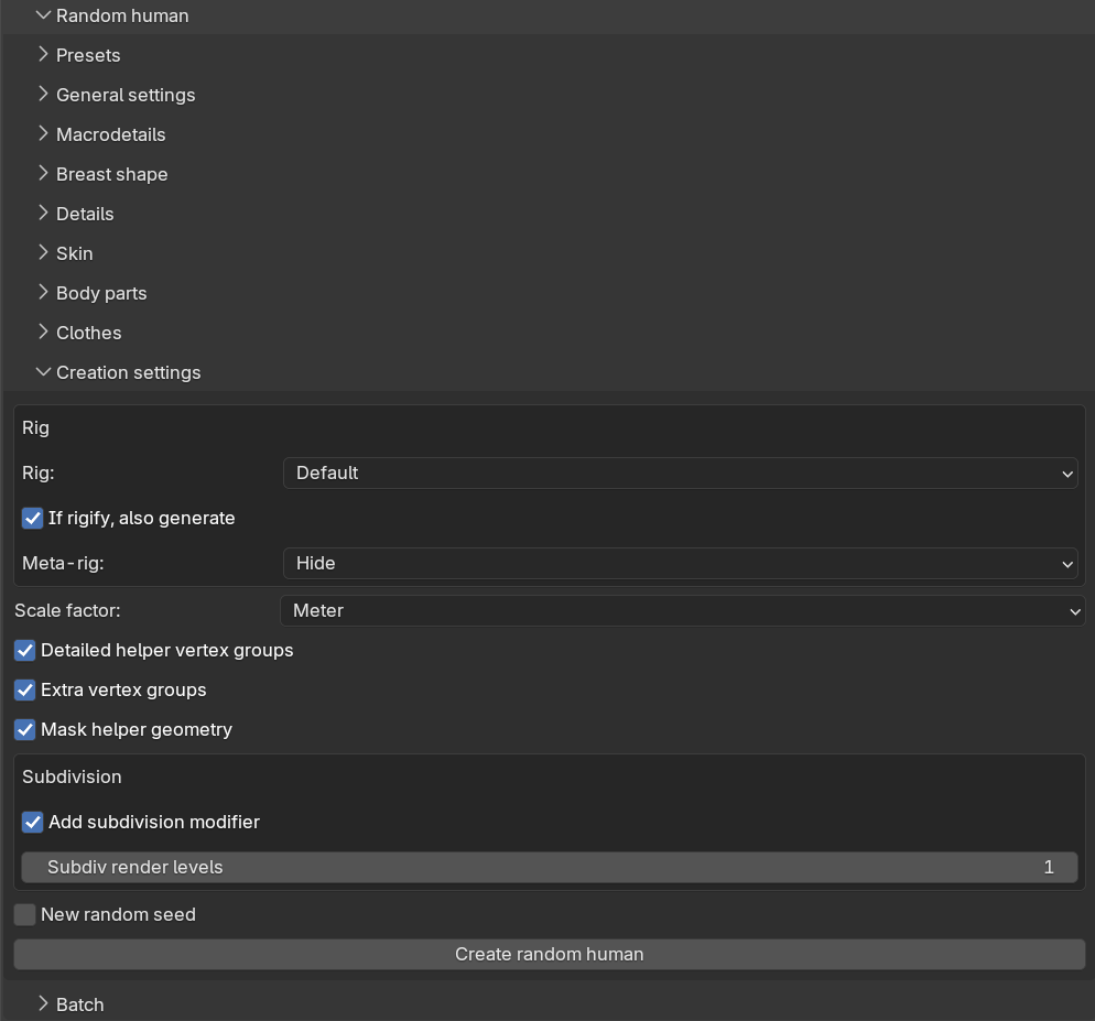 The Creation settings sub-panel