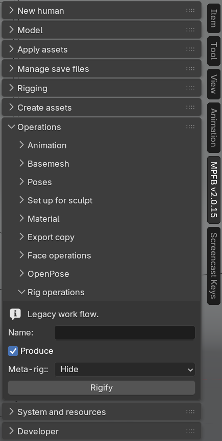 MPFB Rig operations panel under Operations hosting the legacy convert workflow