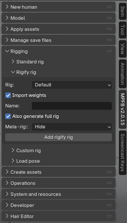 MPFB Rigging panel with the new Standard rig, Rigify rig and Custom rig sub-panels